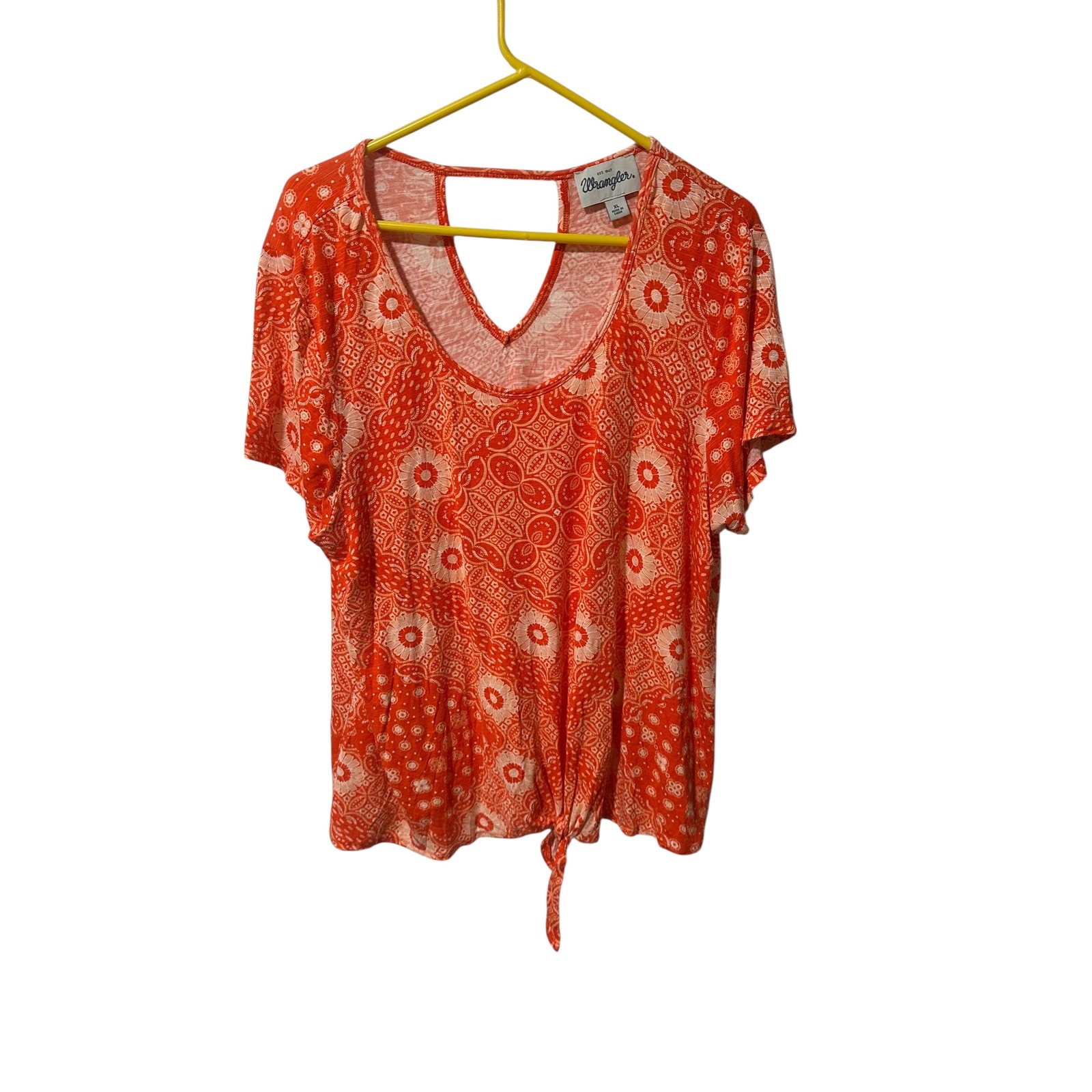 Wrangler Women's Xl Orange Floral Tie-Front V-Neck Short Sleeve Top Blouse